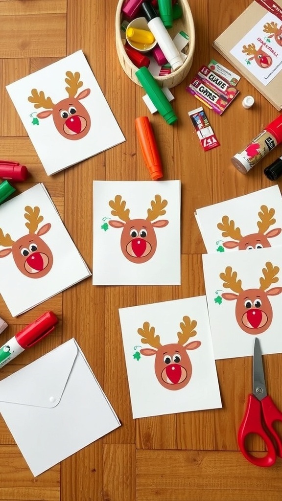 Handmade Christmas cards with Rudolph the Red-Nosed Reindeer design on a crafting table.